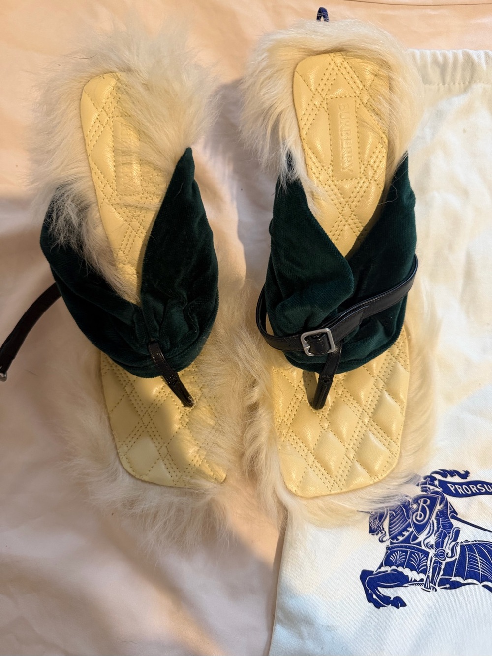 Burberry Green Velvet and Cream Fur Thong Heels